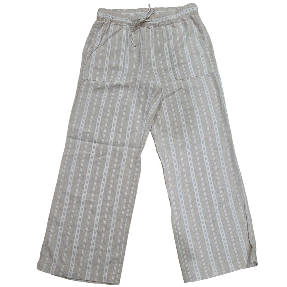Gap Khaki Linen Striped Wide Leg Pull On Coastal Beach Breezy Airy Medium Easy